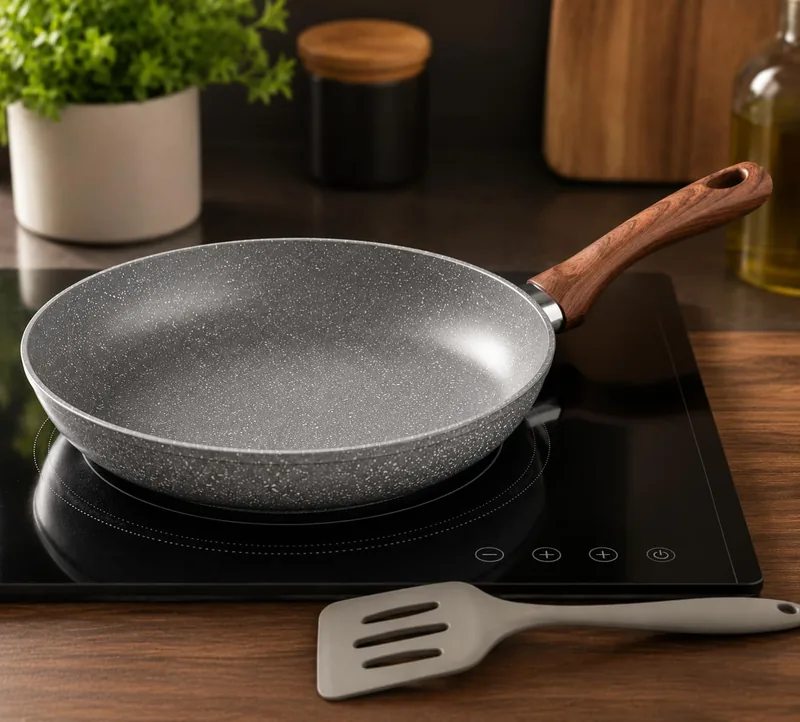 Frigideira Cerâmica 24cm Indução Antiaderente com Espátula Silicone | Revestimento cerâmico antiaderente, compatível com indução, cabo efeito madeira e espátula de silicone inclusa.