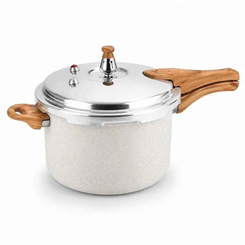 Panela de Pressão Cerâmica 4,2L Indução 4 Válvulas Cabo de Madeira | 4 Válvulas de Segurança, Revestimento Cerâmico, Diâmetro 20 cm, Espessura 3,6 mm, 80 KPA