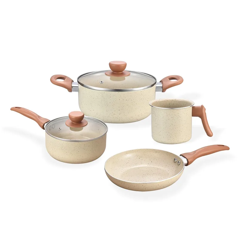 Oikos - Jogo com 4 Panelas Antiaderentes de Revestimento Cerâmica com Tampa de Vidro Terrara Bege com 5 Camadas para Fogão a Gás, Elétricos, Cerâmicos e Halogênio