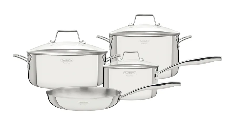 Jogo de Panelas Tramontina Grano Glass em Aço Inox com Corpo Triplo e Tampa de Vidro 4 Peças