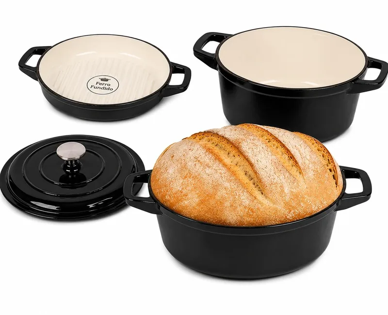 Conjunto de Panelas Holândesa Ferro Fundido Esmaltado, 3 Peças, Indução Forno e Fogão, Antiaderente, Caçarola 24 cm. Grande 4.2L, Média 3L, Menor 2L. (Black)
