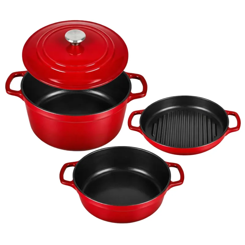 Conjunto de Panelas de Ferro Fundido 3 Peças com Tampa – Cozimento Uniforme, Compatível com Gás, Indução e Forno – Kit 10kg (Vermelho)