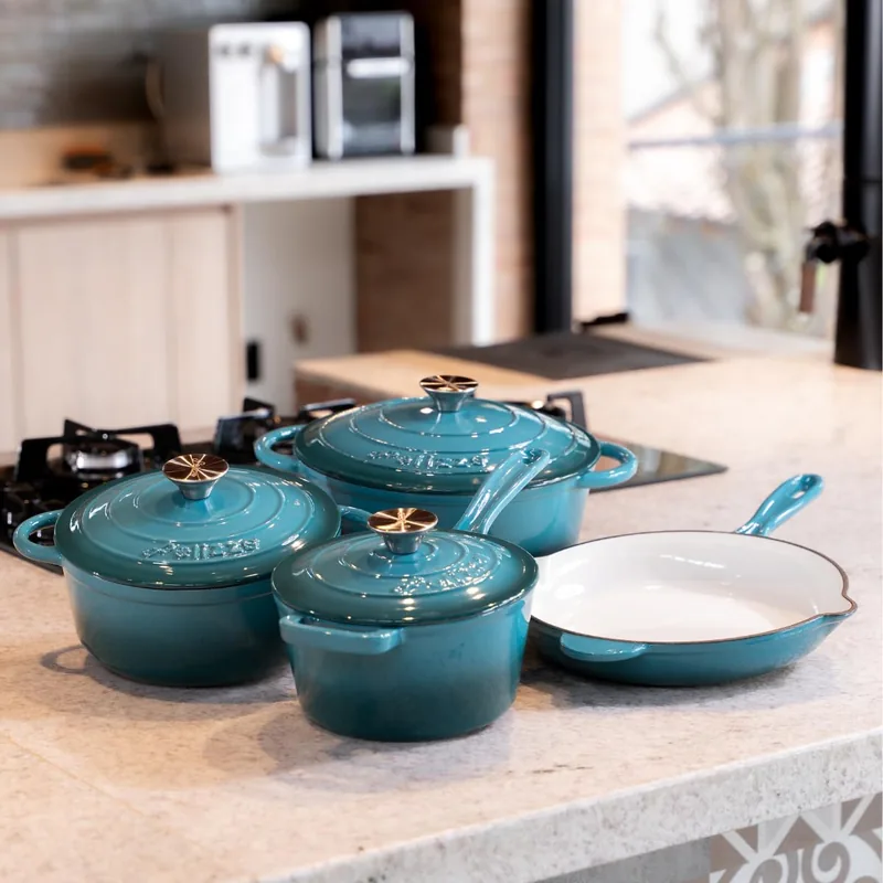 Kit Jogo Panelas Esmaltadas Antiaderente Ferro Fundido Chama e Indução Com Inmetro Estilo Creuset Premium (Azul)